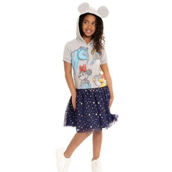 DISNEY 100 HOODED DRESS TULLE SKIRT GREY & NAVY BLUE COSPLAY ALICE GIRLS SMALL 6 - Picture 1 of 12